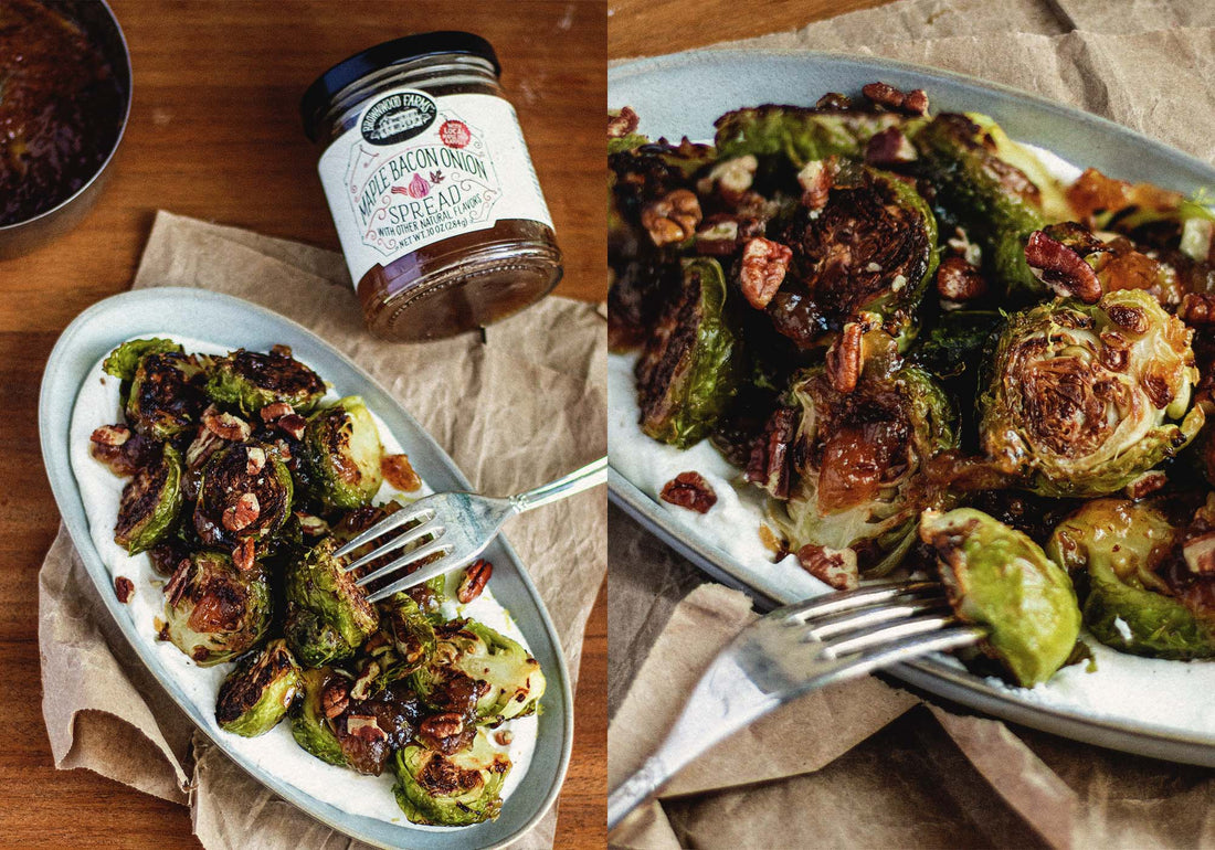 Crispy Brussels Sprouts with Maple Bacon Onion Glaze & Toasted Pecans