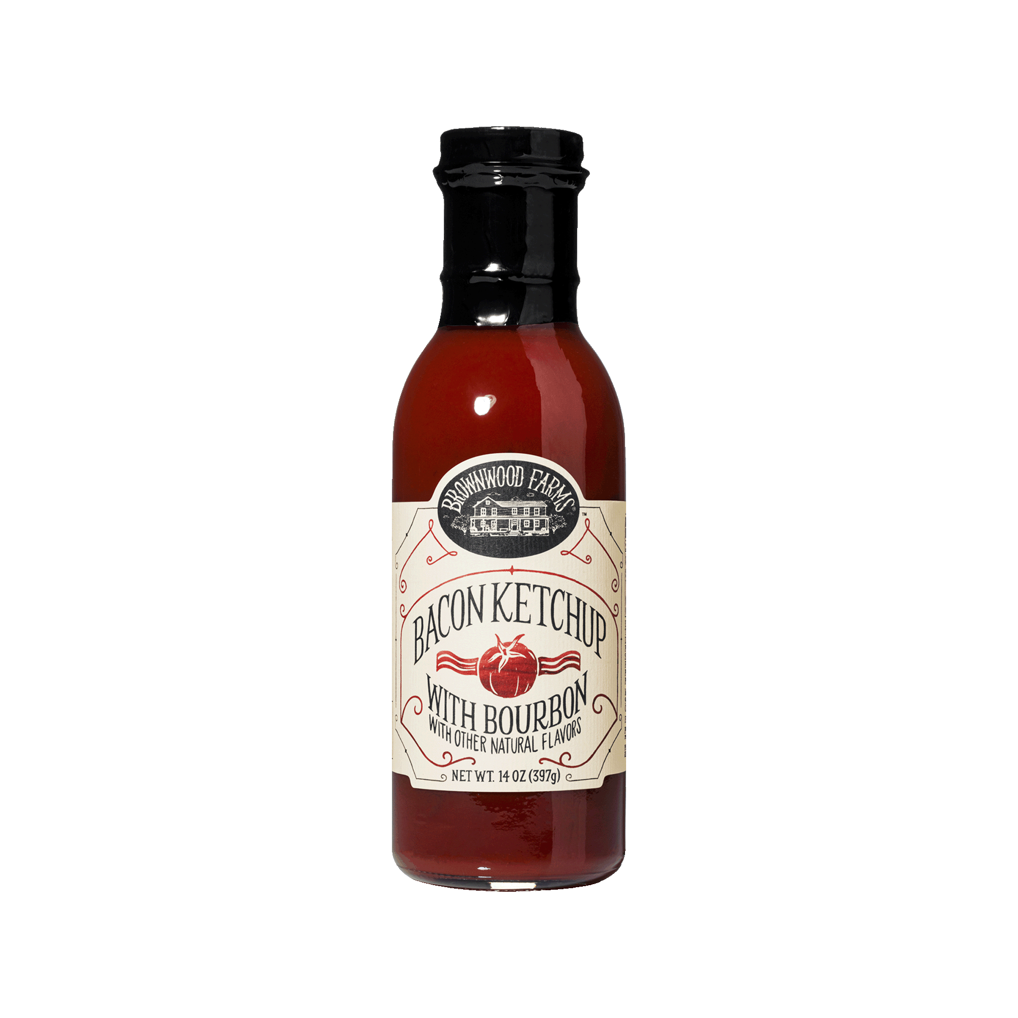 14oz bottle of Brownwood Farms Applewood Smoked Bacon with Bourbon Ketchup