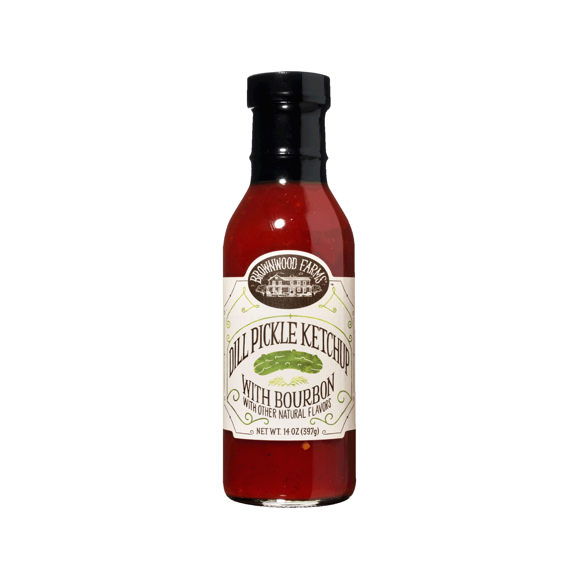 14oz bottle of Brownwood Farms Award Winning Dill Pickle with Bourbon Ketchup