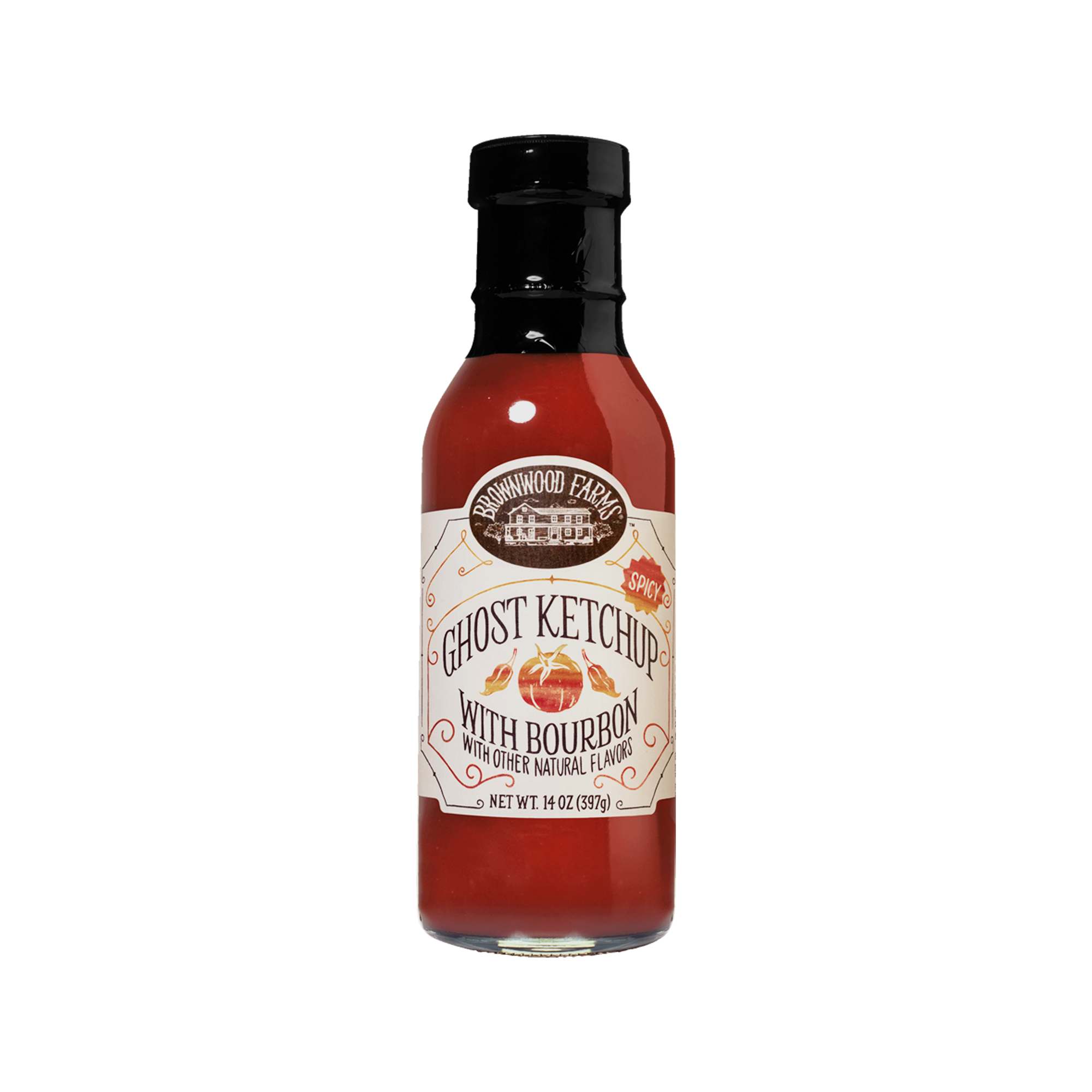 14oz bottle of Brownwood Farms Ghost Ketchup with a splash of bourbon