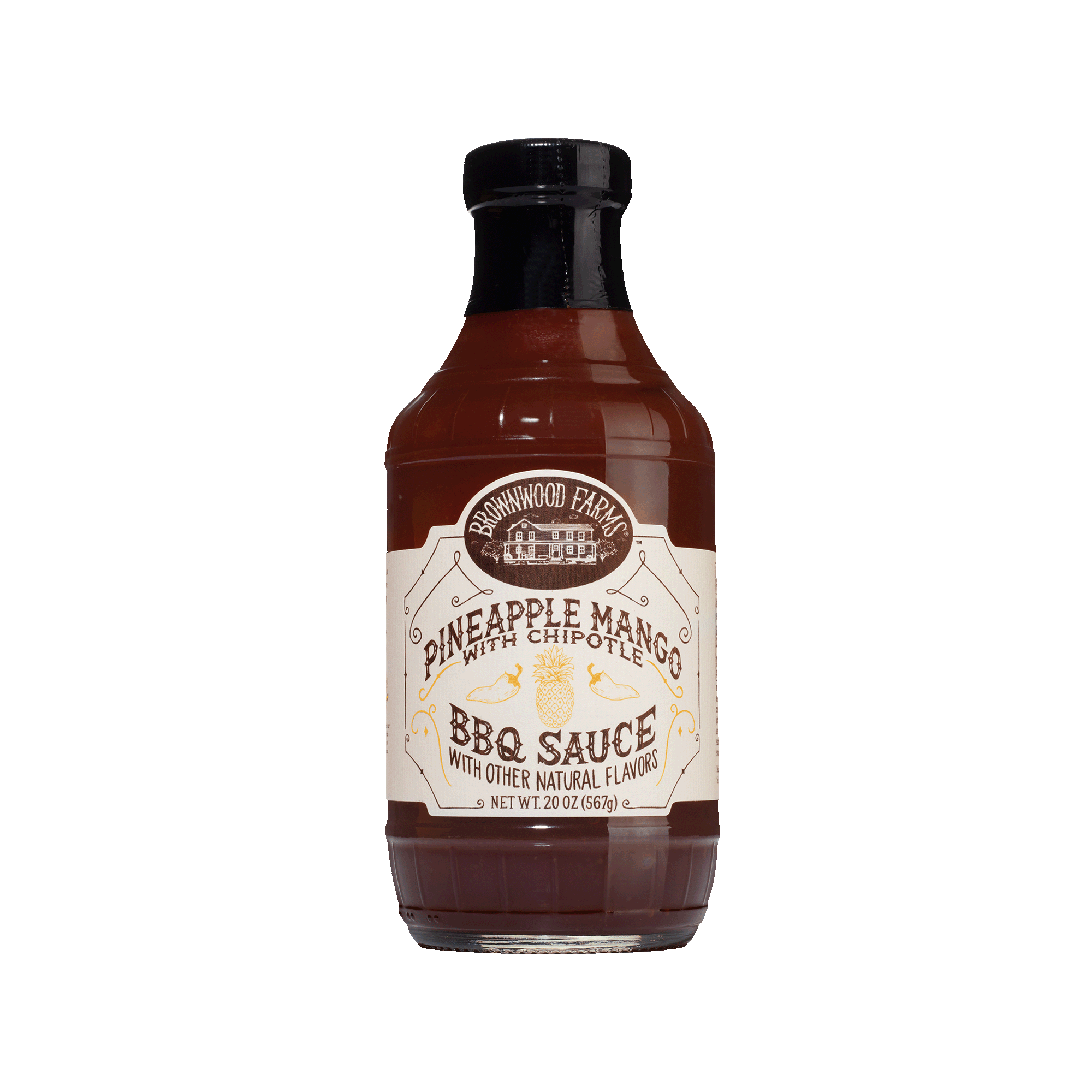 20oz bottle of Brownwood Farms Pineapple Mango with Chipotle BBQ Sauce