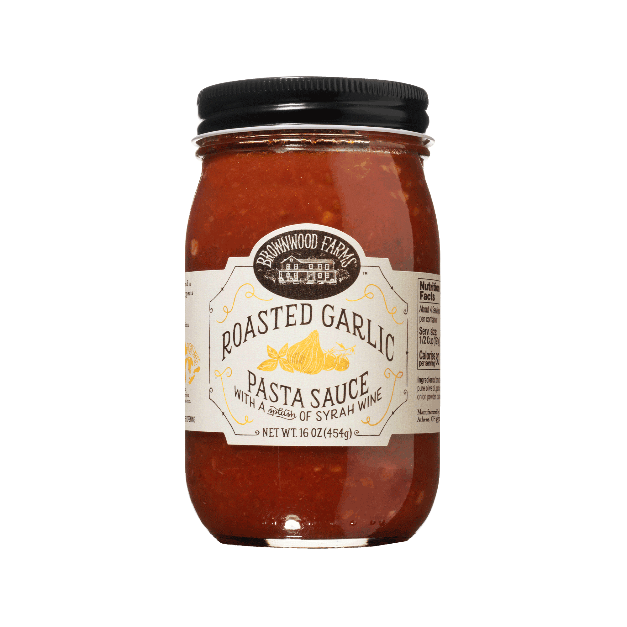 Jar of Brownwood Farms roasted garlic pasta sauce